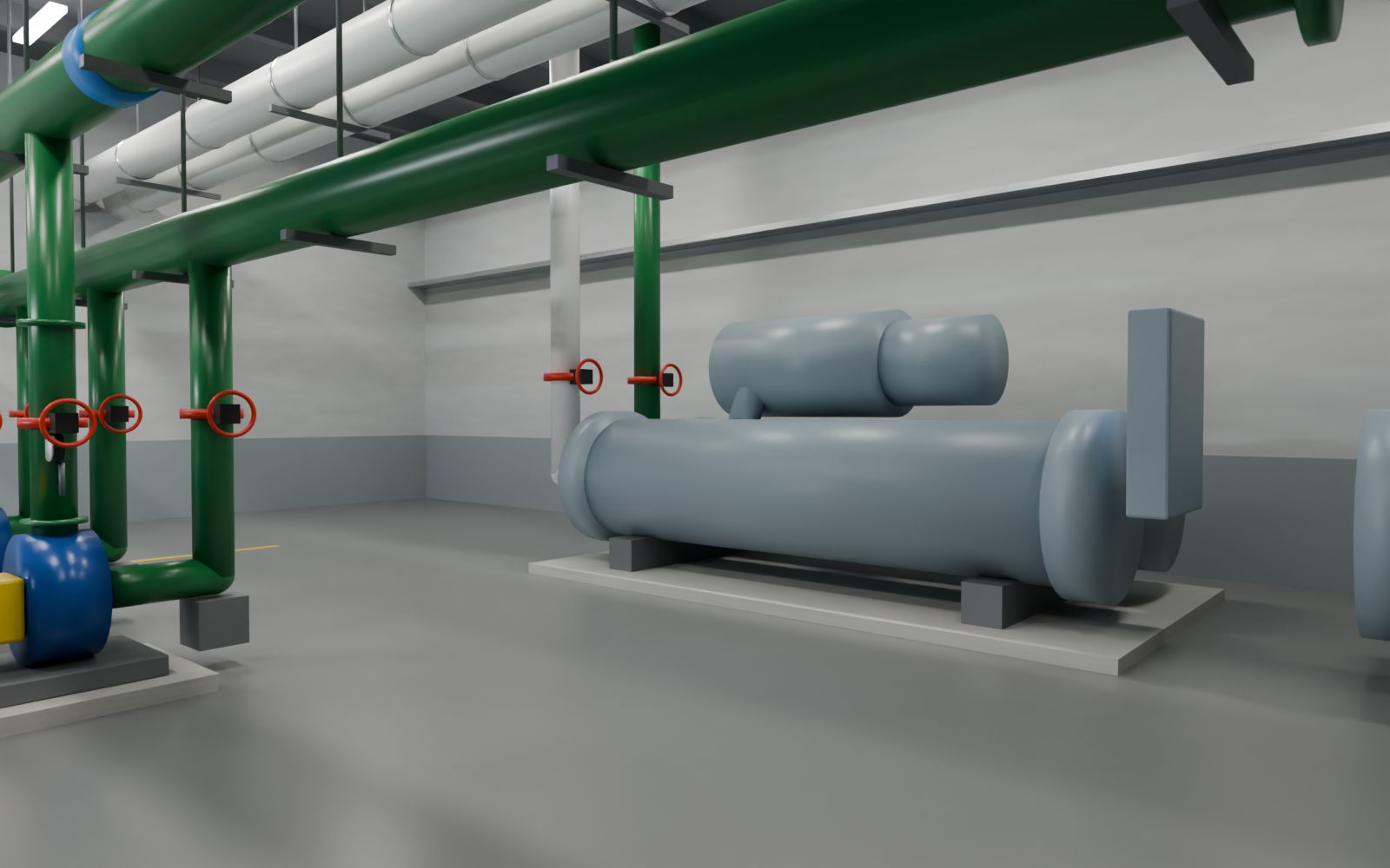 Chiller in a central plant with chilled and condenser water piping