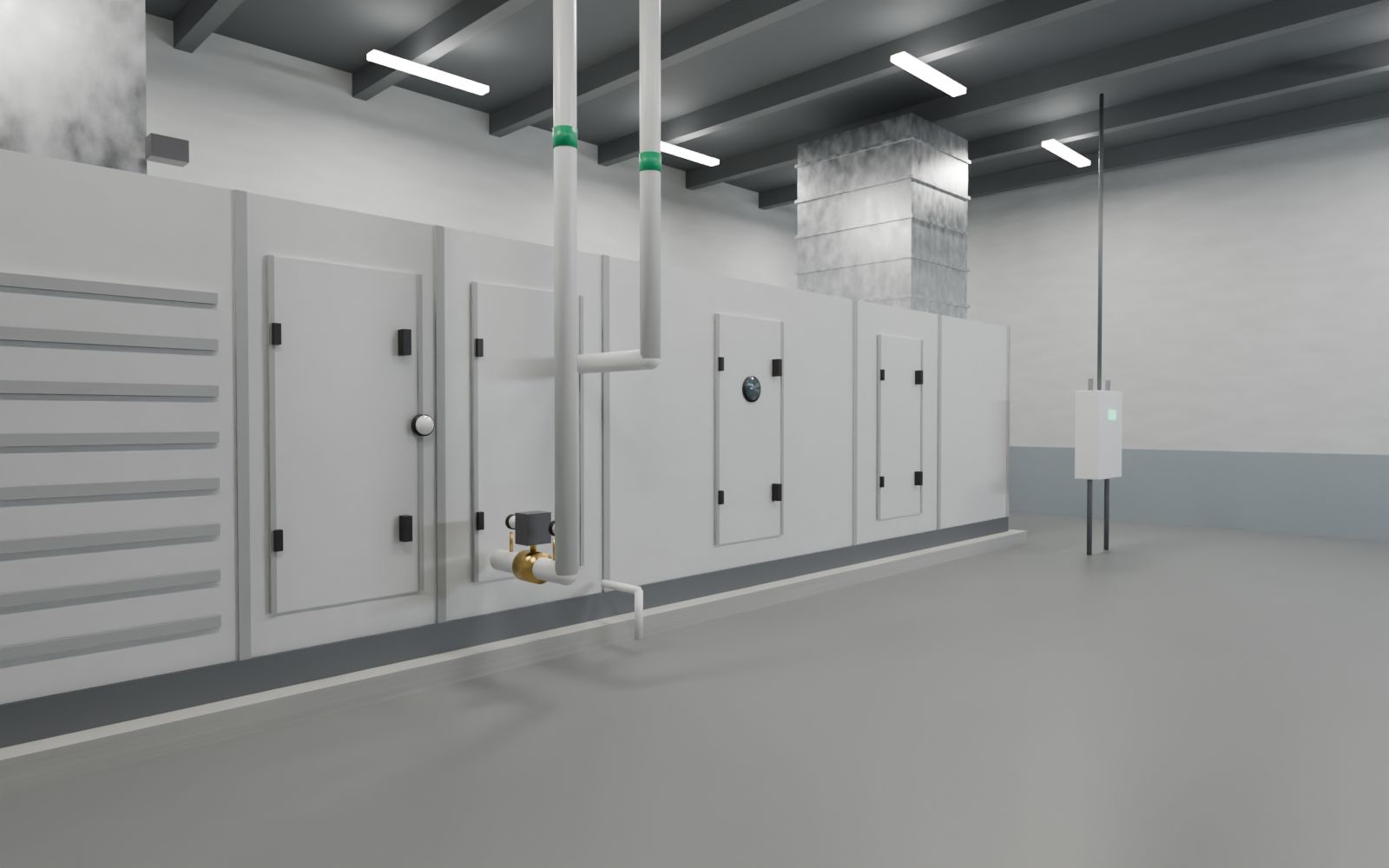 Air handling unit with chilled water coil piping, control valve, and access doors in a mechanical room