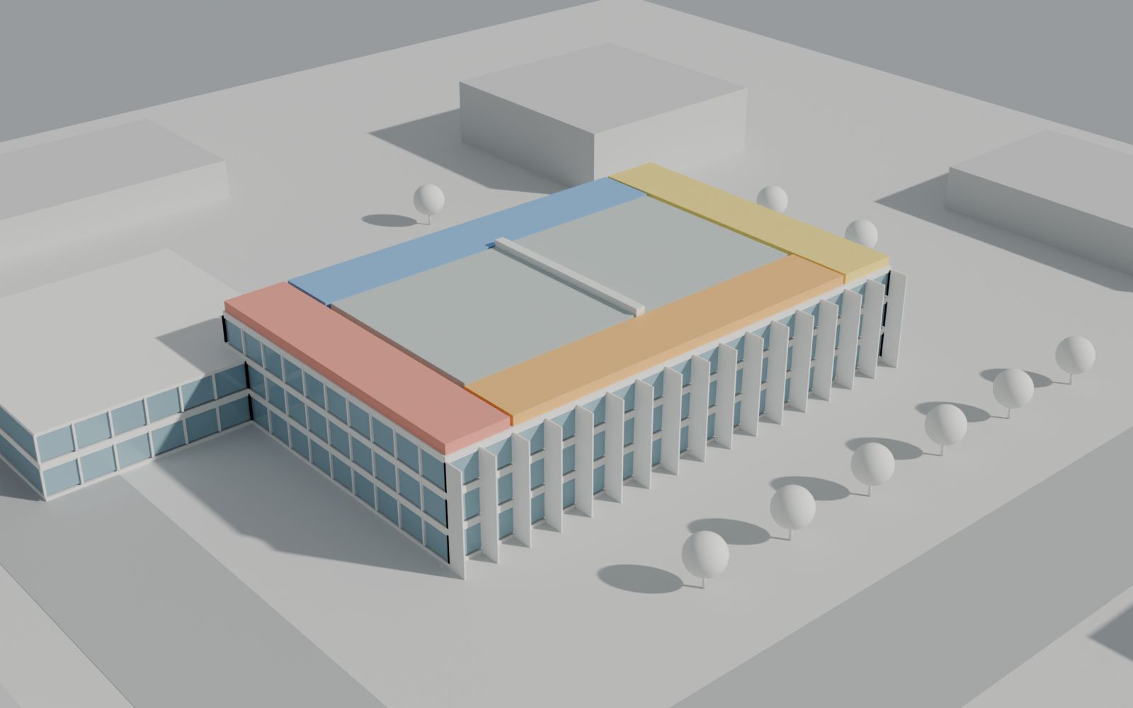 Architectural massing model of a building with color-coded thermal zones on the top floor